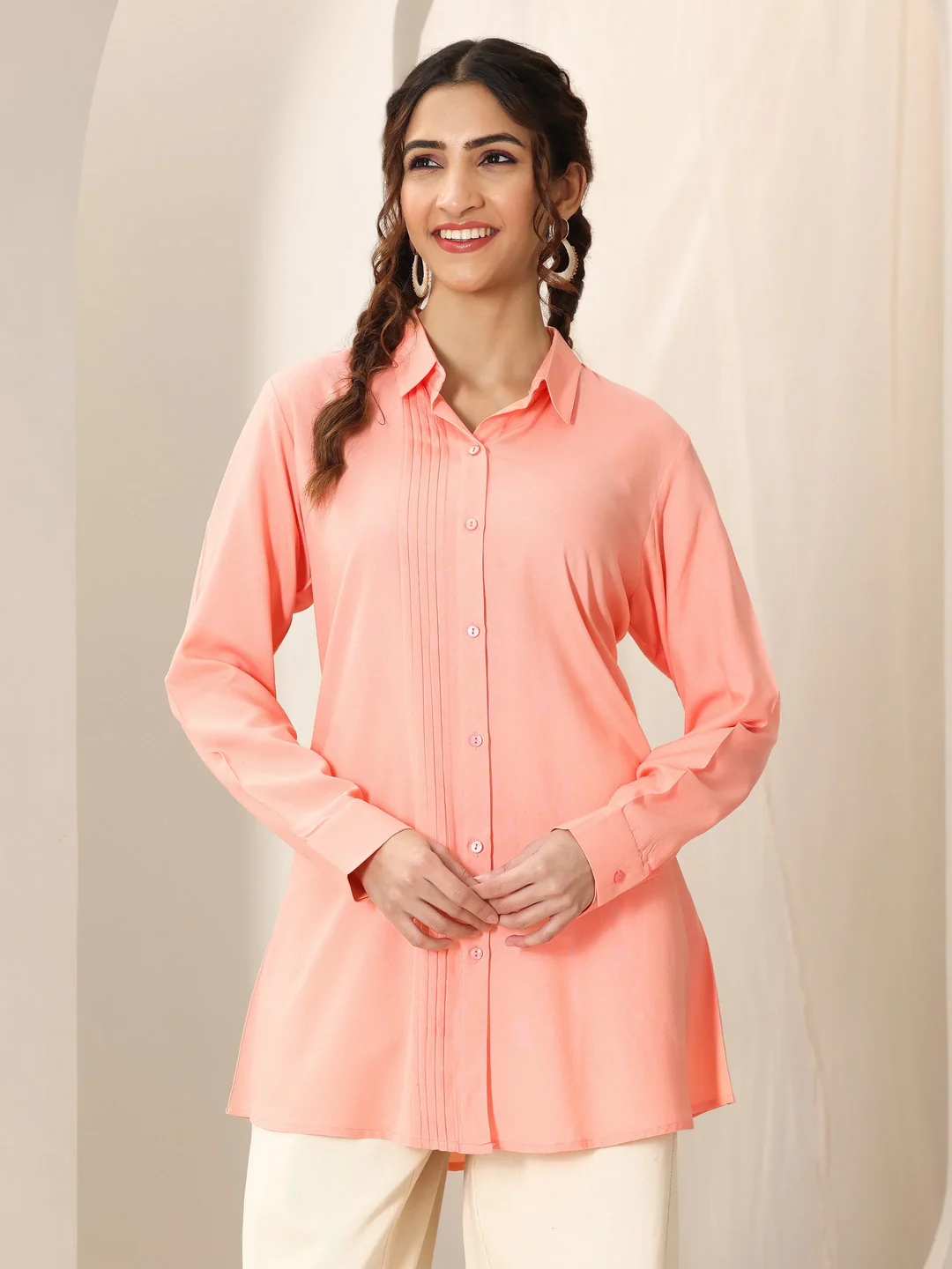 Peach Solid Rayon Straight Shirt